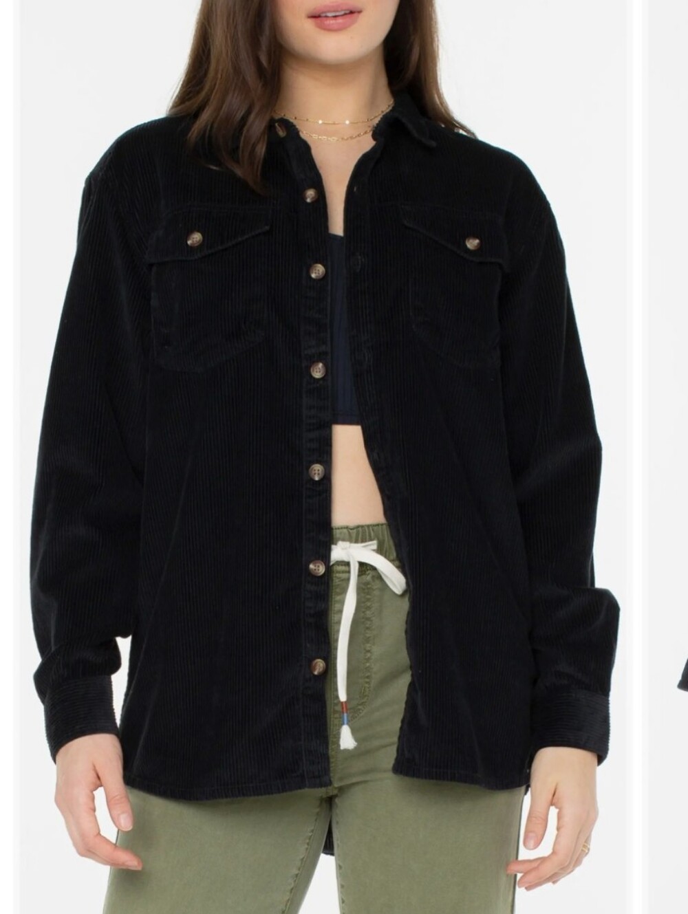 Roxy Lets Go Corduroy Black Shirt Button-Up Size Medium